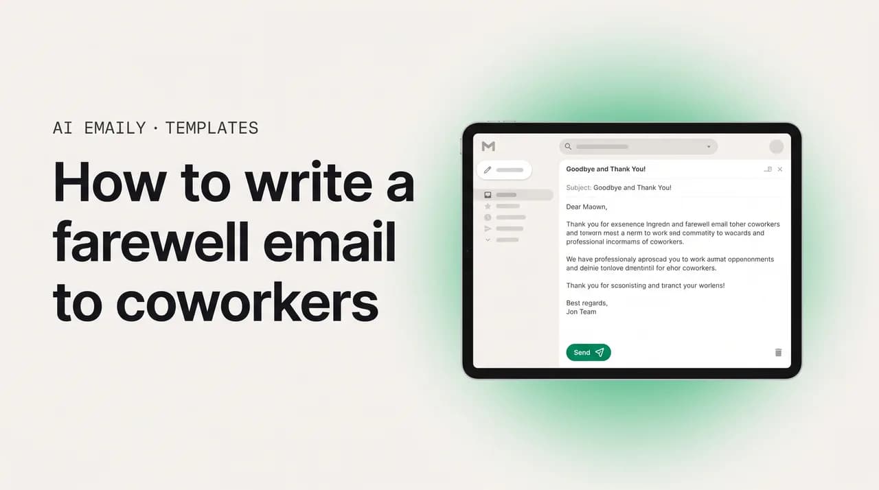 AI Emaily blog cover for how to write a farewell email to coworkers, showing a warm goodbye email draft with farewell email templates