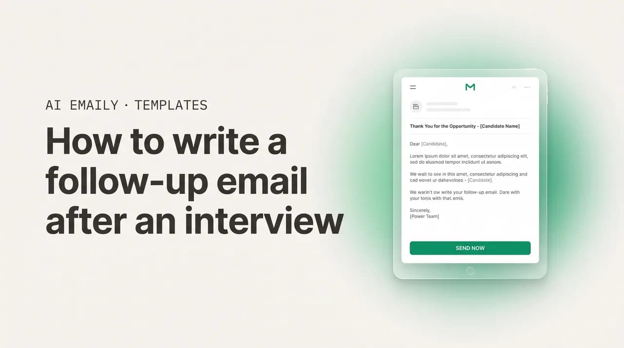 AI Emaily blog cover for how to write a follow-up email after an interview, showing a follow-up email draft with interview follow-up templates