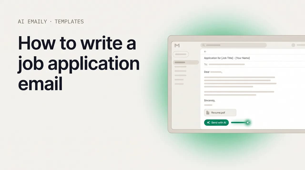 AI Emaily blog cover for how to write a job application email, showing a job application email draft with a resume attachment and job application templates