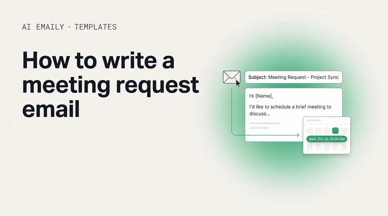 AI Emaily blog cover for how to write a meeting request email, showing a meeting request email draft with a calendar slot and meeting request templates