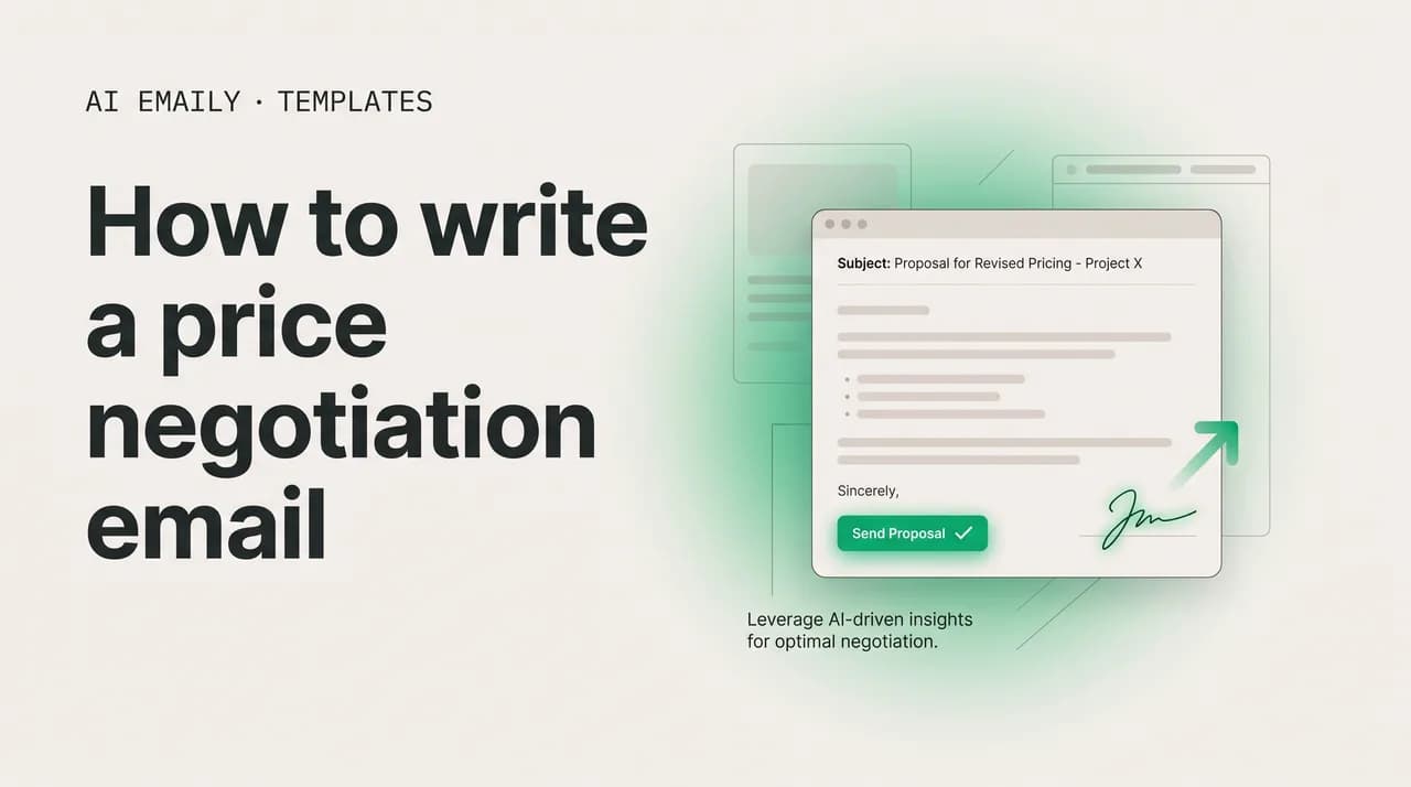 AI Emaily blog cover for how to write a price negotiation email, showing a confident price negotiation email draft with negotiation templates