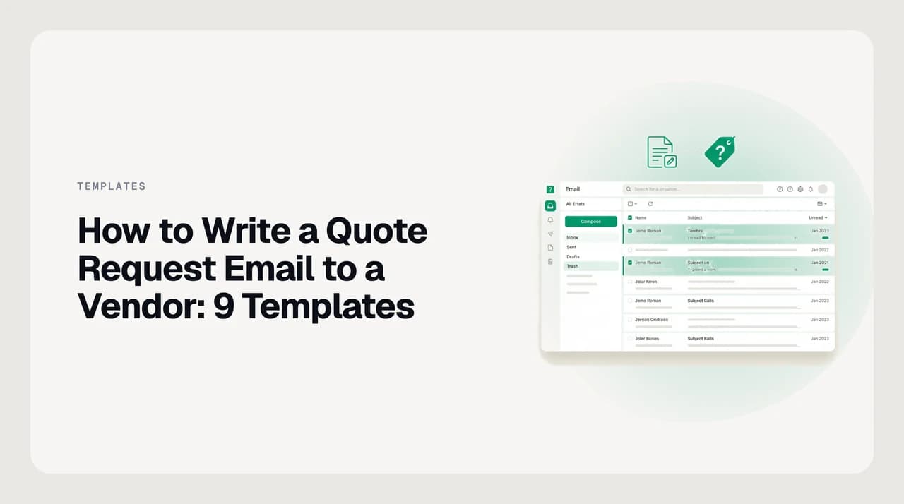 A person drafting a quote request email to a vendor on a laptop, with a blank price quote document open beside it