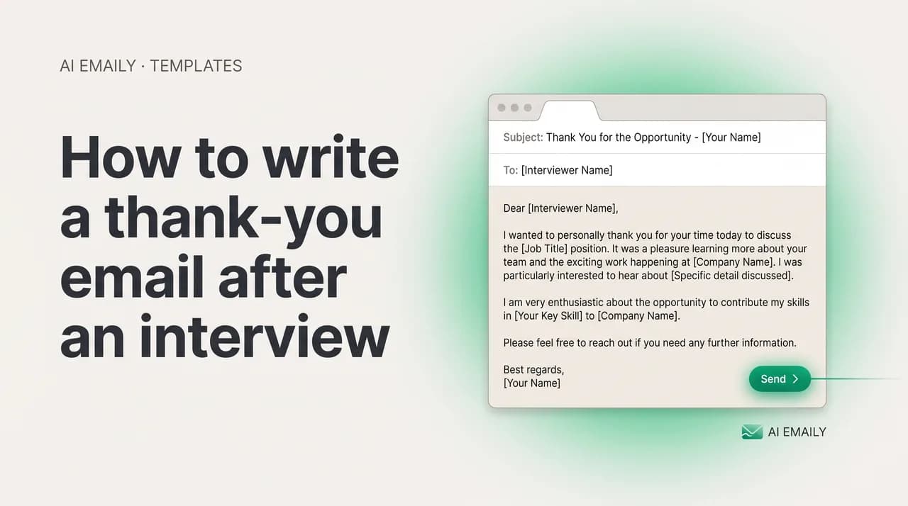 AI Emaily blog cover for how to write a thank-you email after an interview, showing a gracious thank-you email draft with interview thank-you templates