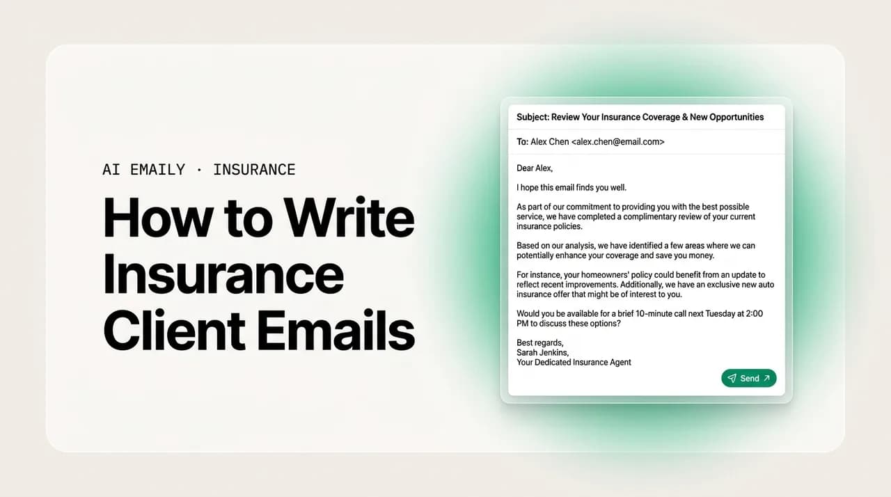 AI Emaily blog cover for how to write insurance client emails, showing a well-crafted client email