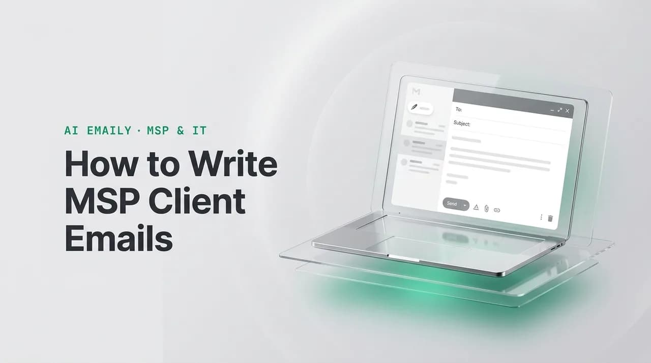 AI Emaily blog cover for how to write MSP client emails, showing an AI email client on a laptop with the headline How to Write MSP Client Emails
