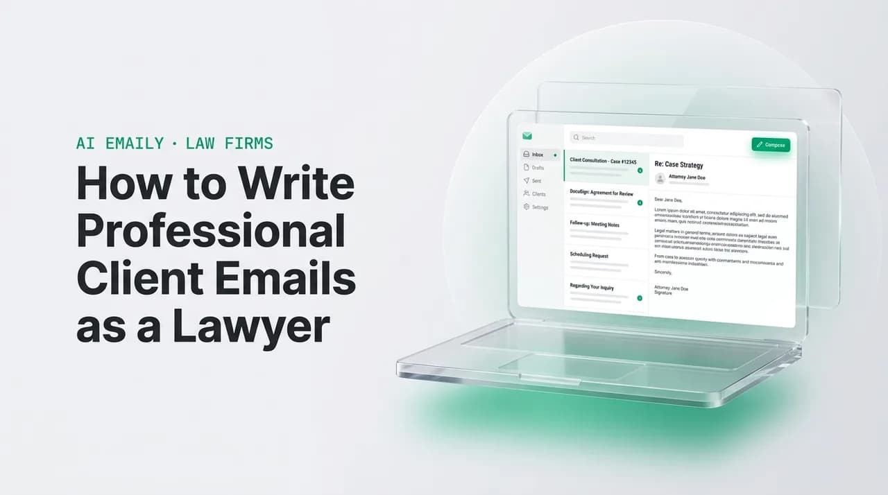 AI Emaily blog cover for how to write client emails as a lawyer, showing an AI email client on a laptop with the headline How to Write Professional Client Emails as a Lawyer