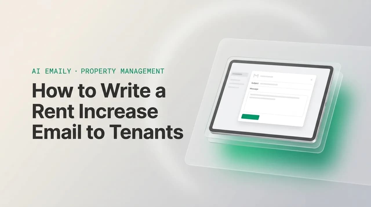 AI Emaily blog cover for rent increase email to tenants, showing an AI email client on a laptop with the headline How to write a rent increase email to tenants