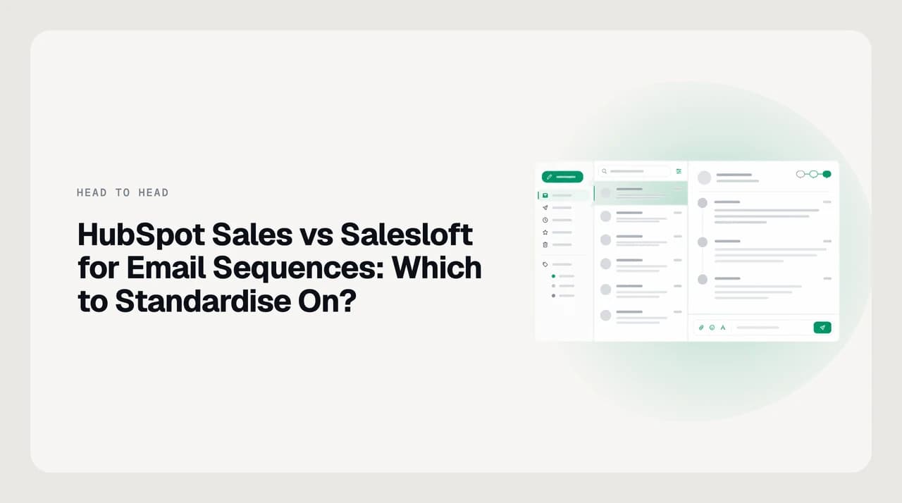 Side-by-side comparison of HubSpot Sales sequences and Salesloft cadences for email sequences, showing a single CRM record on one side and a separate engagement platform syncing into a CRM on the other