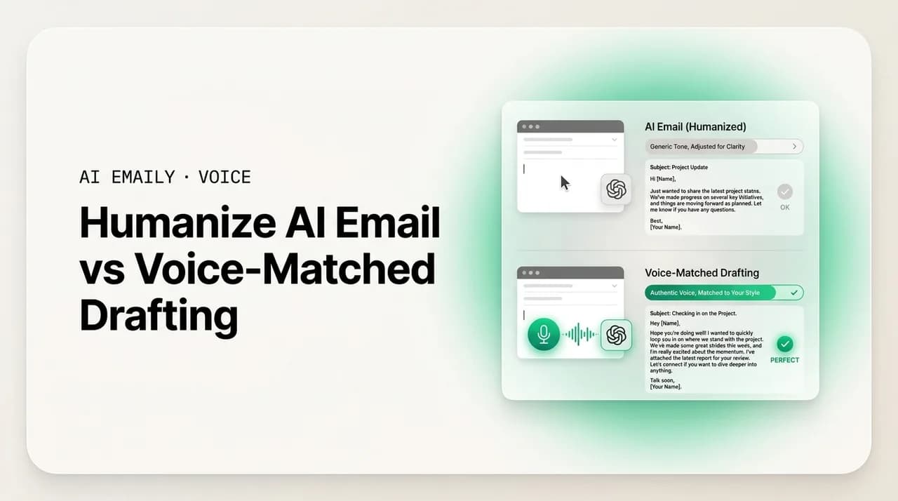 AI Emaily blog cover for humanize AI email, showing humanizing tools versus voice-matched drafting