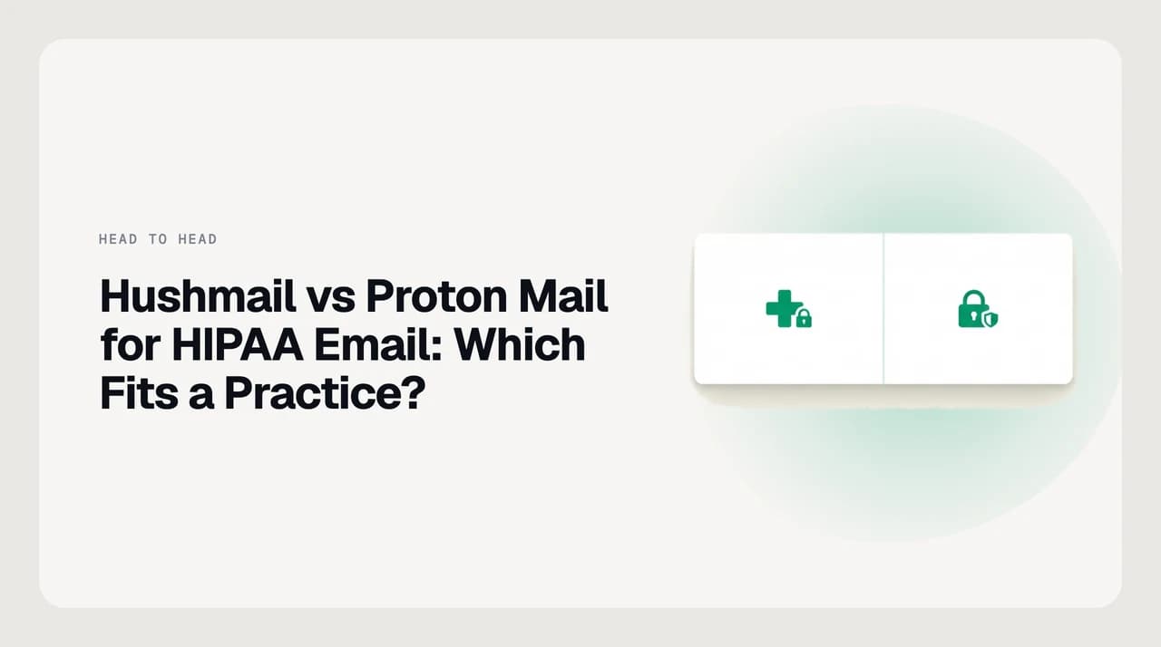 Side-by-side comparison of Hushmail and Proton Mail for HIPAA email, showing signed business associate agreements, secure patient intake forms and email archiving as the deciding dimensions for a healthcare practice