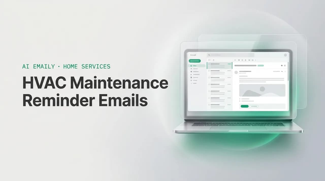 AI Emaily blog cover for HVAC maintenance reminder email, showing an AI email client on a laptop with the headline HVAC Maintenance Reminder Emails