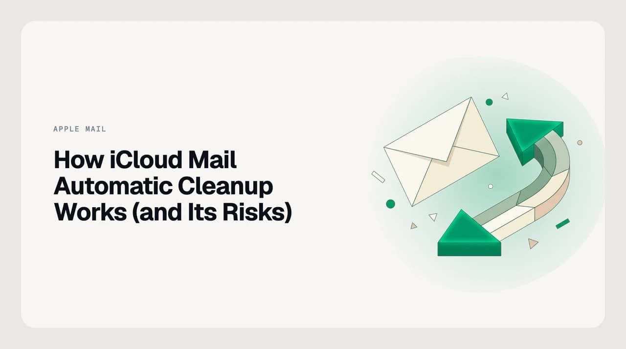 Diagram showing iCloud Mail automatic cleanup permanently removing old messages from Junk and Trash folders to reclaim iCloud storage space