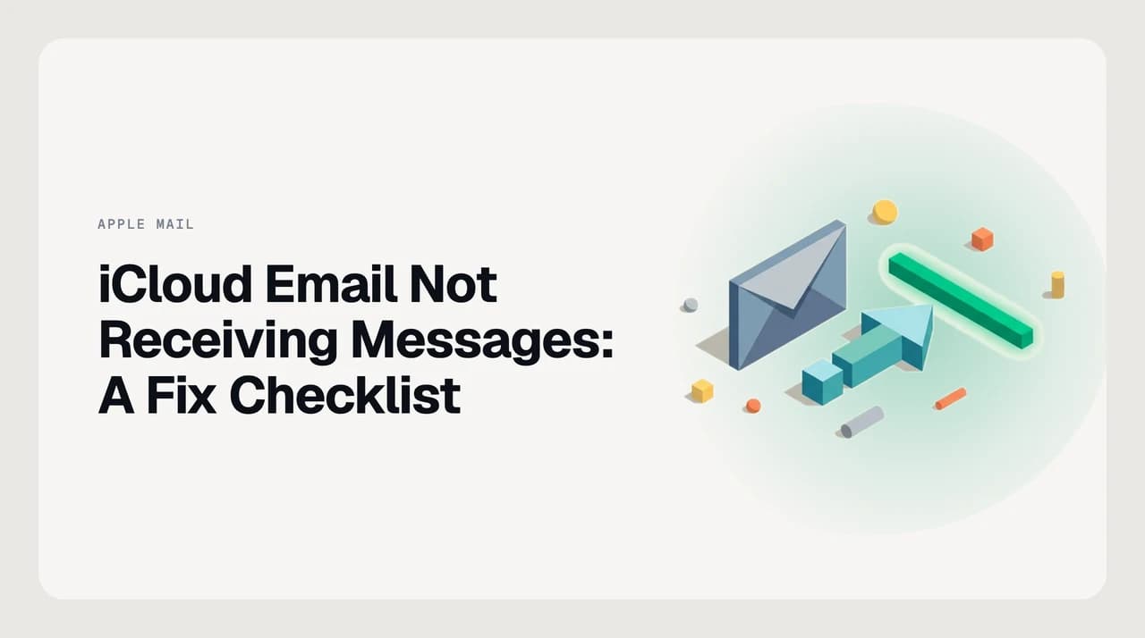 Illustration of iCloud Mail failing to deliver new messages on an iPhone, with a full storage warning and a server-side rule diagram representing the common causes of iCloud email not receiving messages