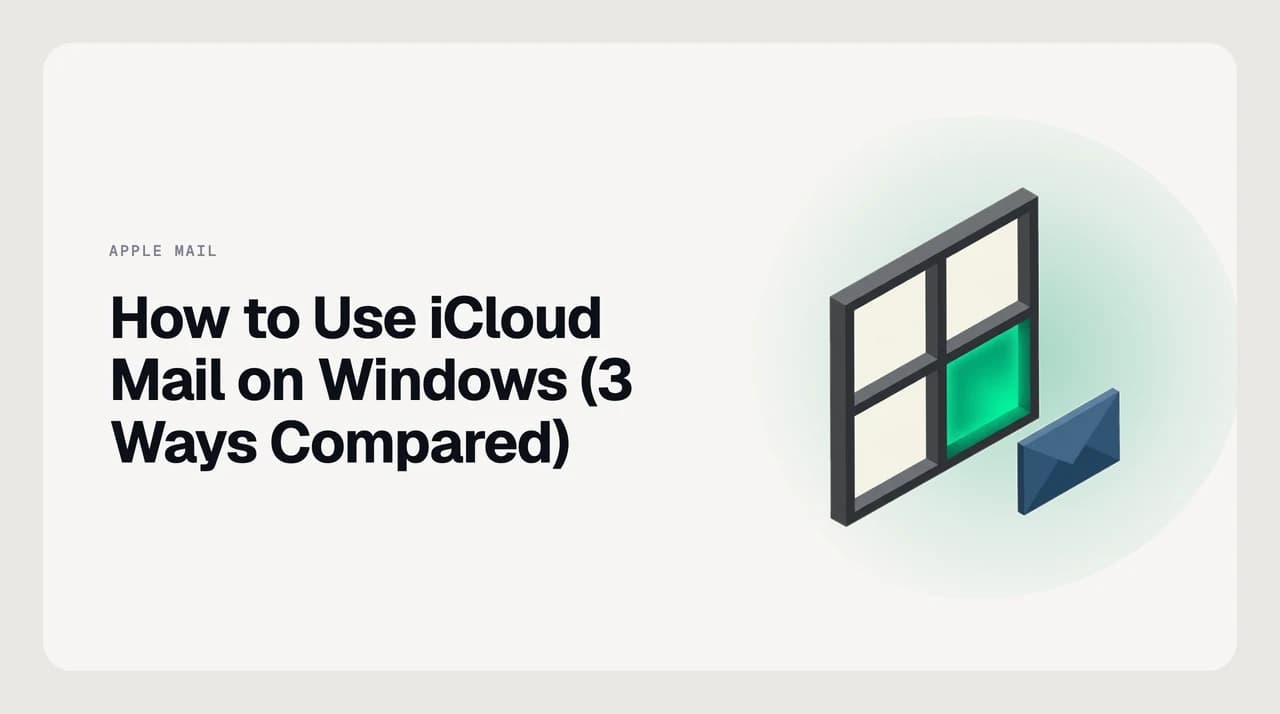 Diagram comparing three ways to access iCloud Mail on a Windows PC: browser at icloud.com, IMAP in a desktop client, and the iCloud for Windows companion app with Outlook