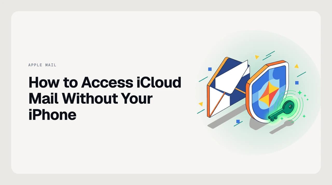 Illustration showing three access paths to iCloud Mail when an iPhone is lost — trusted phone number, Apple Account recovery key, and account recovery request