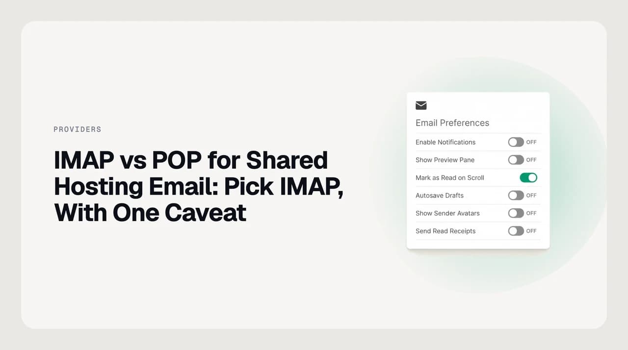 Diagram comparing IMAP and POP for shared hosting email: IMAP keeping mail synced on the server across phone, laptop and webmail, POP downloading it to a single computer and freeing the mailbox quota