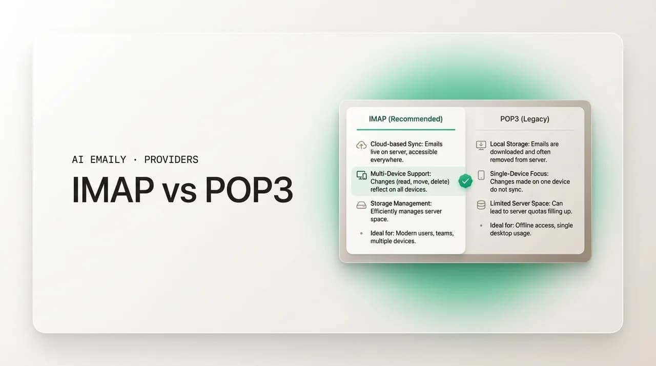 AI Emaily blog cover for IMAP vs POP3, showing a comparison of IMAP and POP3 sync settings