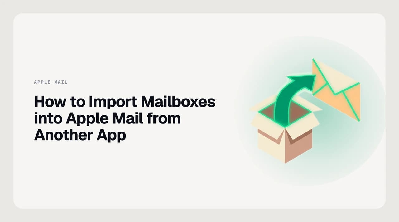 Illustration of the Apple Mail import process — an mbox archive file moving from a source email client into an On My Mac local folder in Apple Mail on macOS