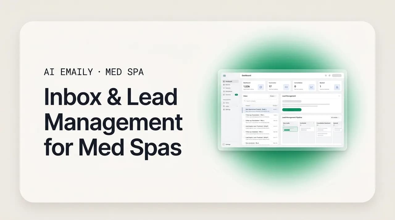 AI Emaily blog cover for inbox and lead management for med spas, showing a unified front-desk system