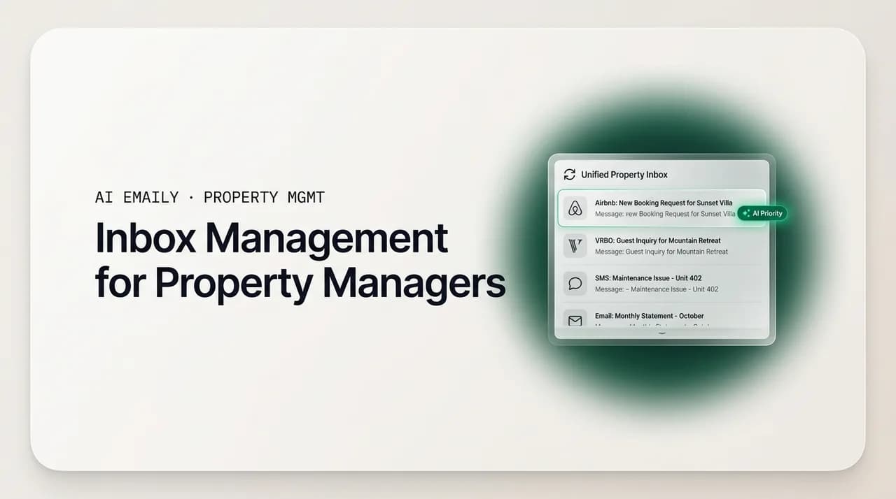 AI Emaily blog cover for inbox management for property managers, showing one inbox across Airbnb, VRBO, SMS, and email