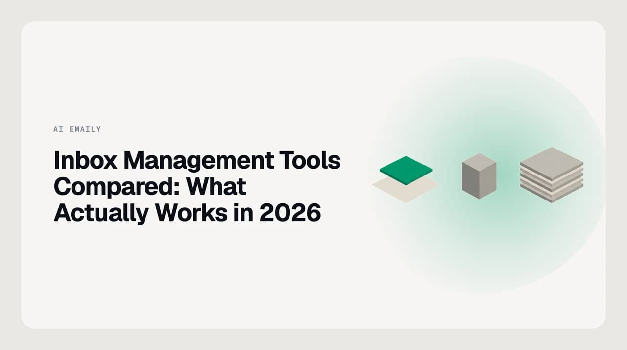 Inbox management tools comparison for 2026 — a scoring grid across AI Emaily, Shortwave, Superhuman Mail, Fyxer, Serif, Cora, and Front on setup, AI action quality, price shape, and team fit