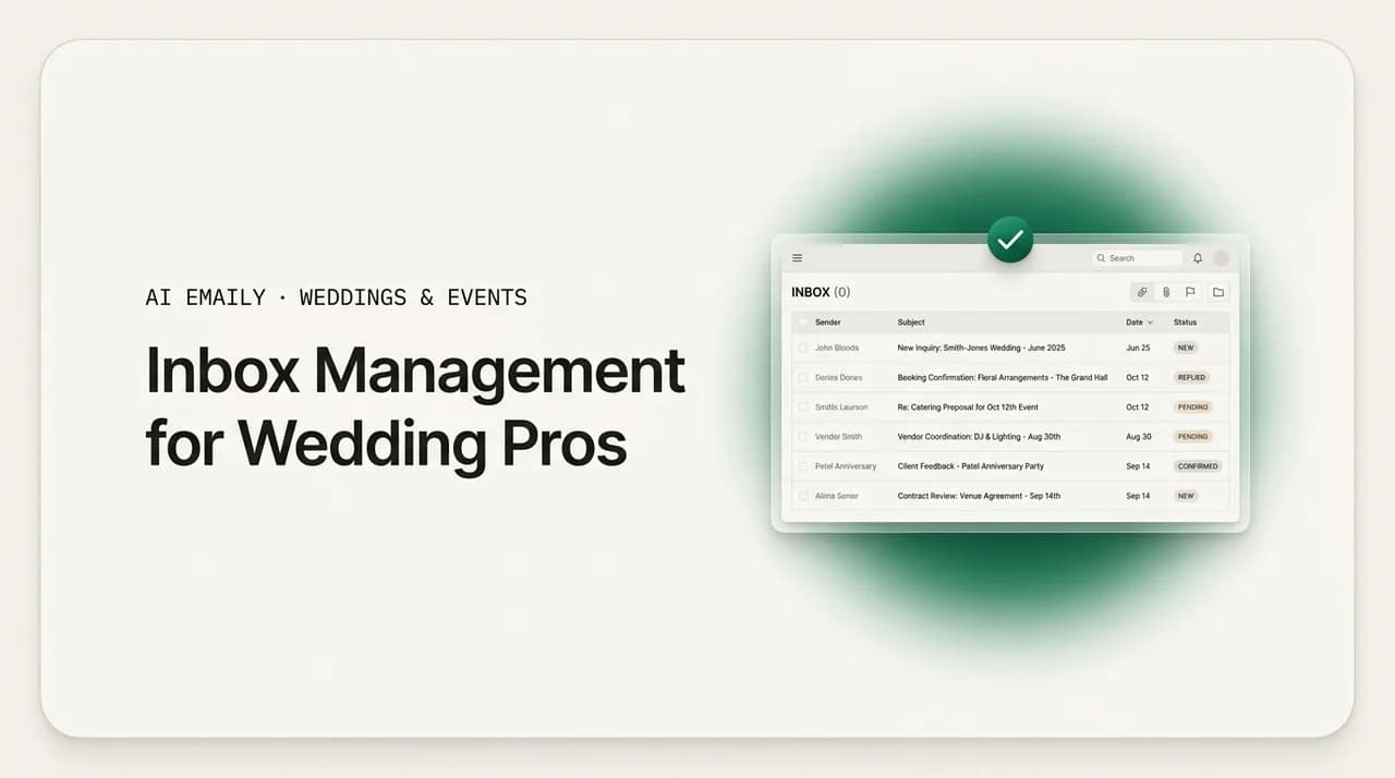 AI Emaily blog cover for inbox management for wedding and event pros, showing an inbox that loses no inquiry