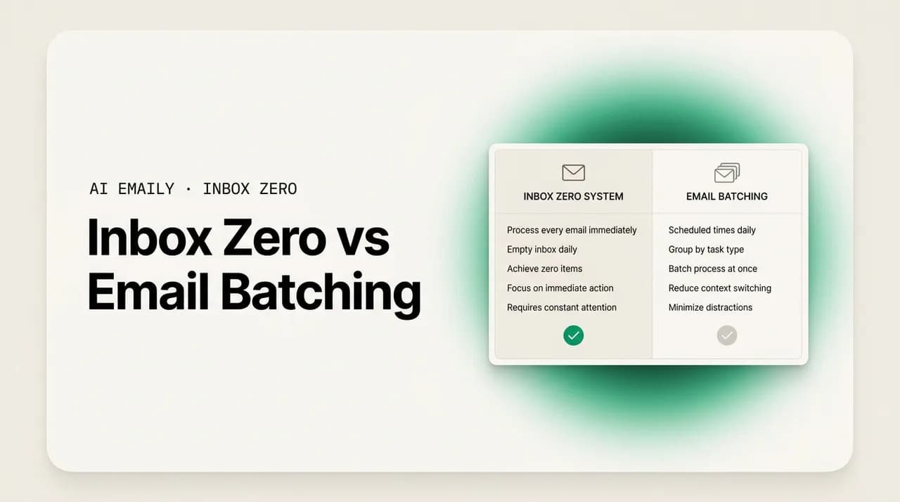 AI Emaily blog cover for inbox zero vs email batching, showing a two-column system comparison