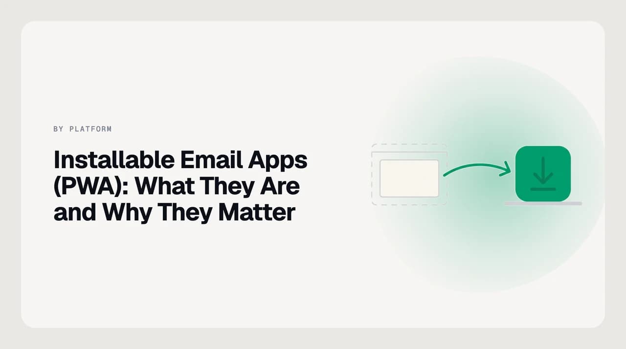 An installable PWA email client running in its own desktop window beside its home-screen icon, working like a native app without an app store.