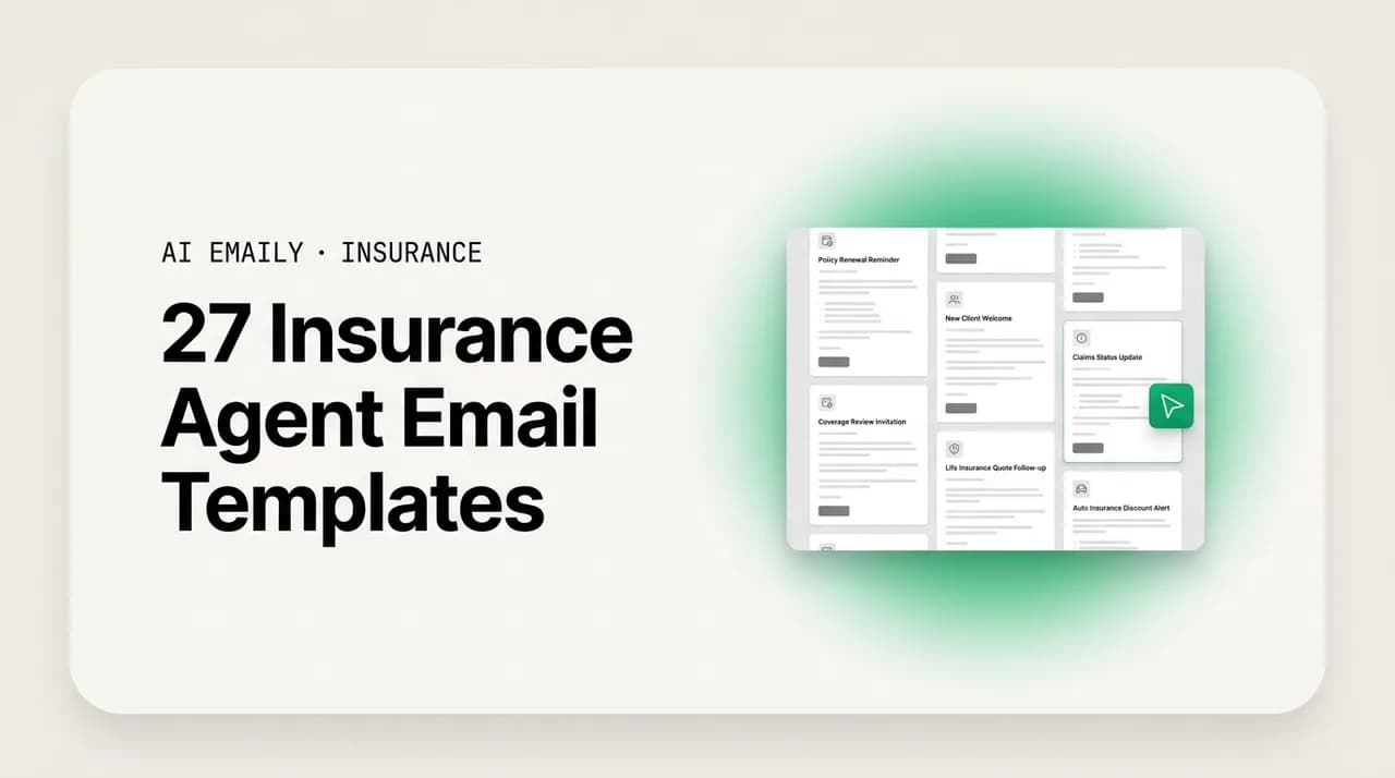 AI Emaily blog cover for insurance agent email templates, showing a library of ready-to-use templates