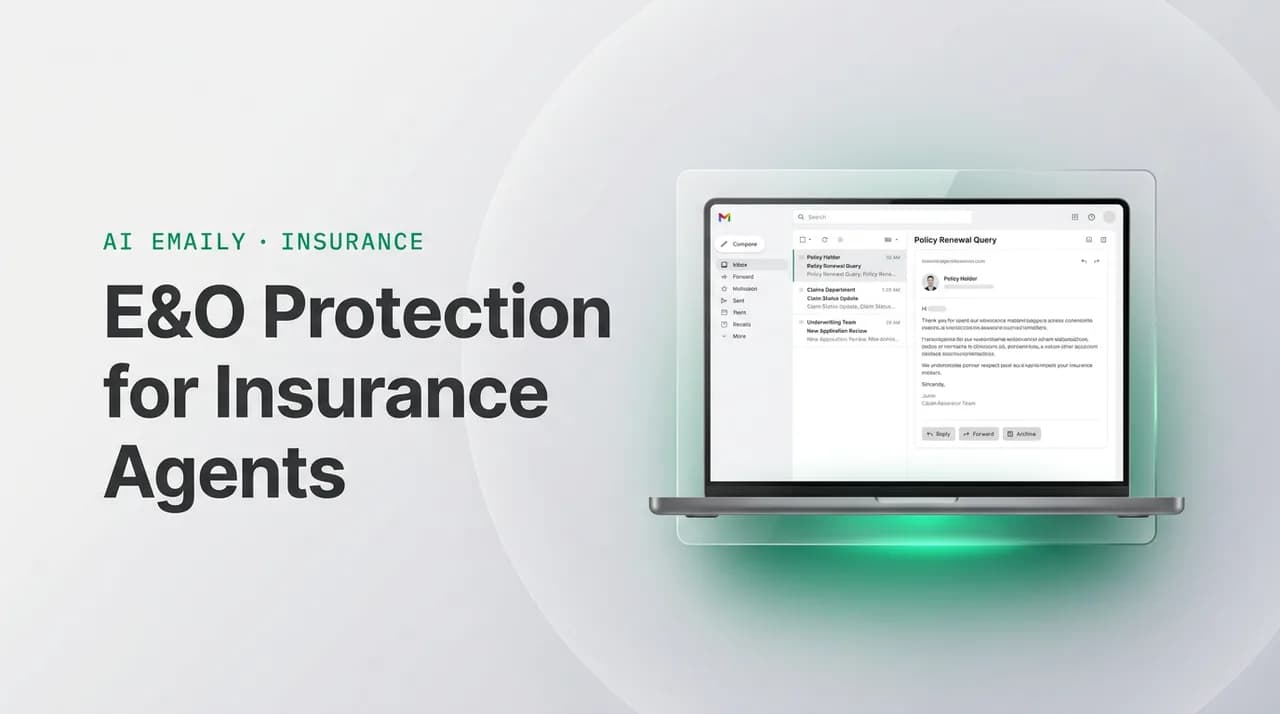 AI Emaily blog cover for insurance agent E&O email documentation, showing an AI email client on a laptop with the headline E&O Protection for Insurance Agents