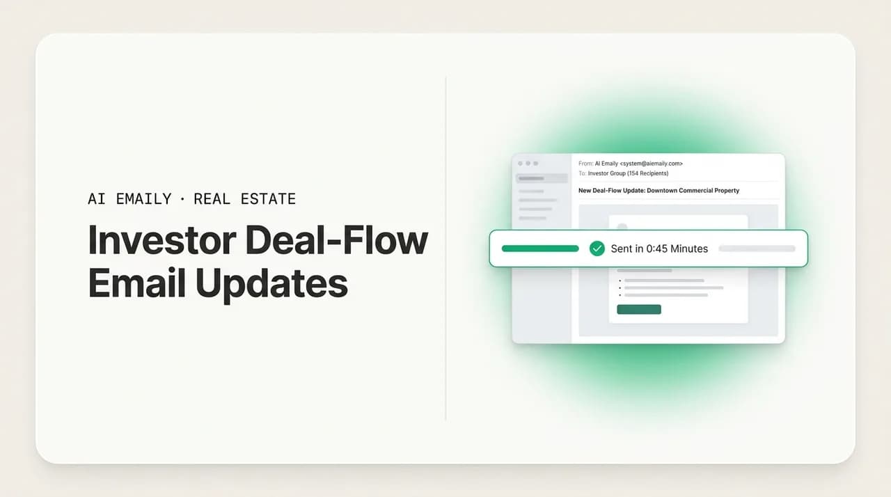 AI Emaily blog cover for investor deal-flow email updates, showing a deal update sent to real estate investors