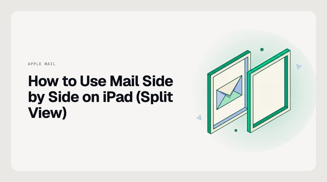 iPad in landscape showing the Mail app open in Split View beside a Notes window, with the email message list visible on the left half and a note being edited on the right, illustrating how to use Mail side by side on iPad