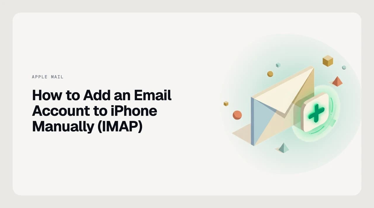 iPhone screen showing the IMAP account setup form with incoming and outgoing server hostname fields, illustrating how to add an email account to iPhone manually