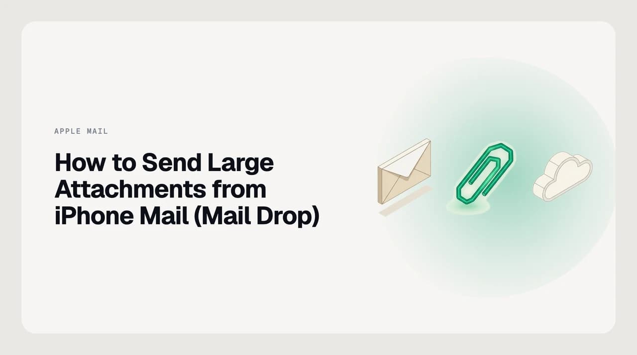 iPhone Mail compose screen showing the Mail Drop prompt for sending a large video file attachment that exceeds the server size limit