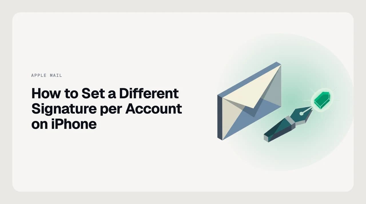 iPhone Mail app showing the Signature settings screen with Per Account selected and two separate text areas — a formal work signature and a short personal one — illustrating how to set a different signature for each account on iPhone