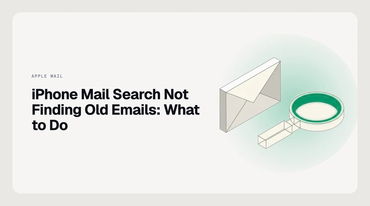 iPhone showing the Mail search bar returning no results for an old email, with the Search on Server prompt visible at the bottom of the list