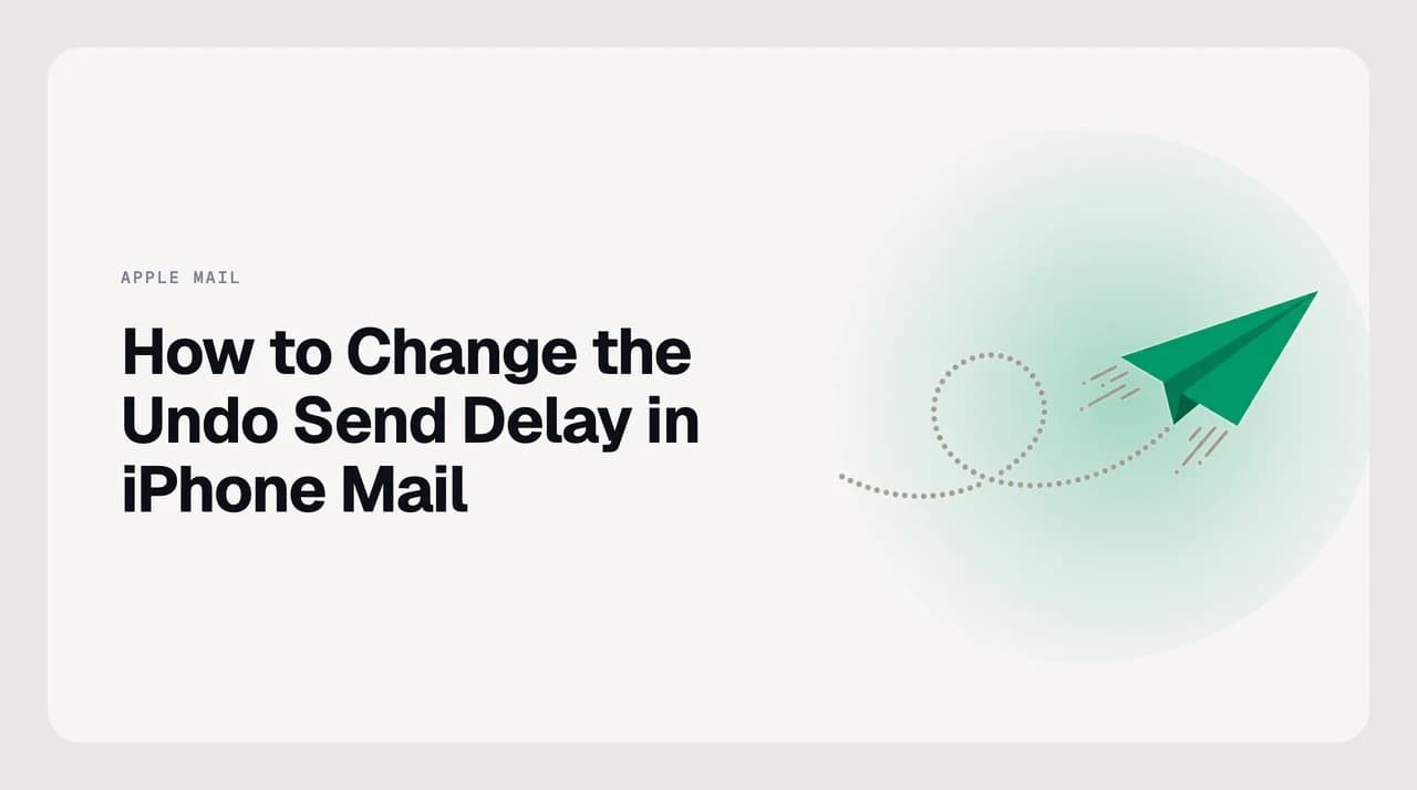 iPhone showing the Undo Send Delay setting in Apple Mail with options for Off, 10, 20, and 30 seconds