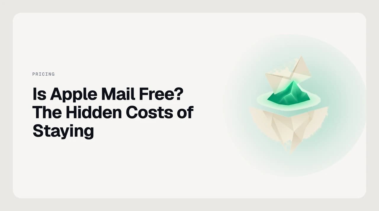 Illustration asking is Apple Mail free, showing a free mail app surrounded by the hidden costs of iCloud storage, a custom domain subscription and newer hardware