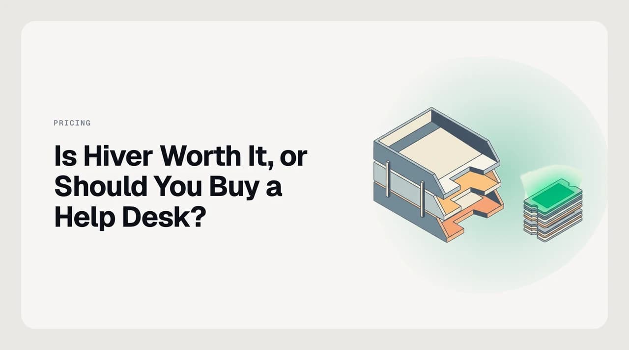 Is Hiver worth it vs a help desk — a Gmail thread carrying support metadata on one side and an independent ticket case that can be merged, split and reopened on the other, marking where the ceiling sits