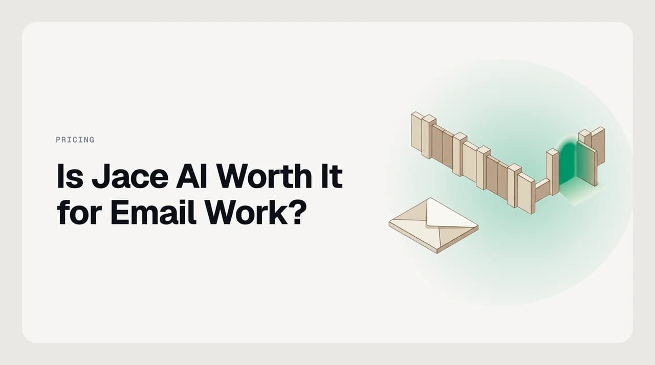 Illustration weighing whether Jace AI is worth it for email work, showing an assistant's reach across connected mailboxes, archive depth and attachment types