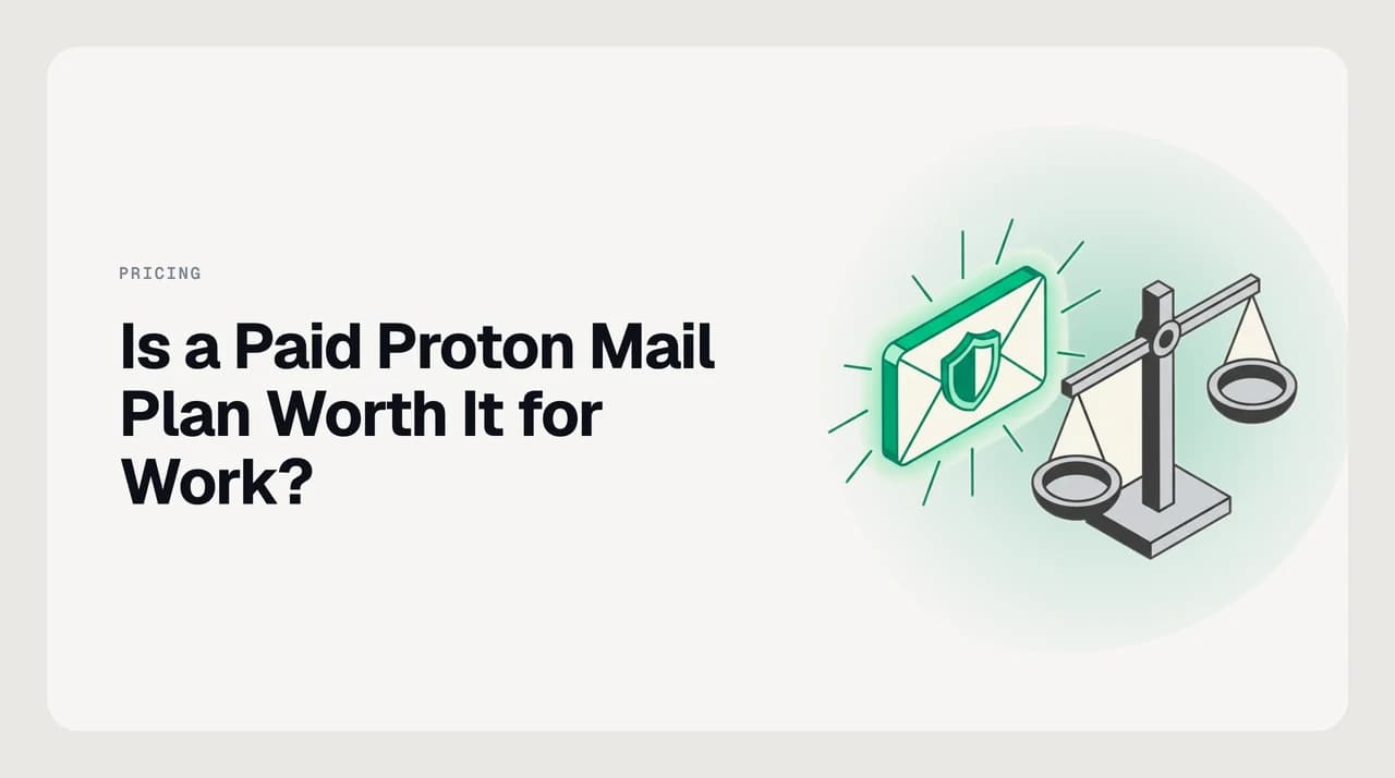 Illustration weighing whether a paid Proton Mail plan is worth it for work: encryption and custom domains on one side, third-party client and automation access on the other