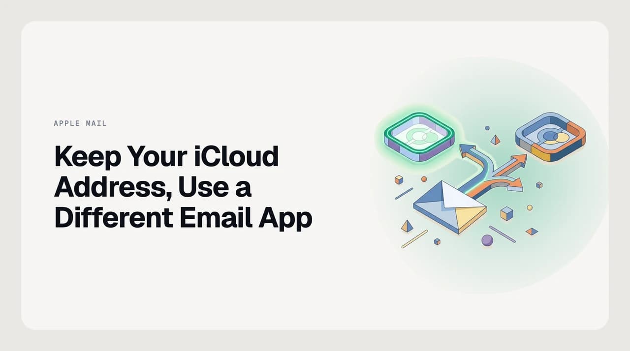 Diagram showing an @icloud.com address connecting over IMAP to a third-party email app on macOS and iPhone, address unchanged
