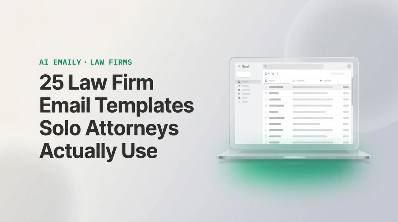 AI Emaily blog cover for law firm email templates, showing an AI email client on a laptop with the headline 25 Law Firm Email Templates Solo Attorneys Actually Use