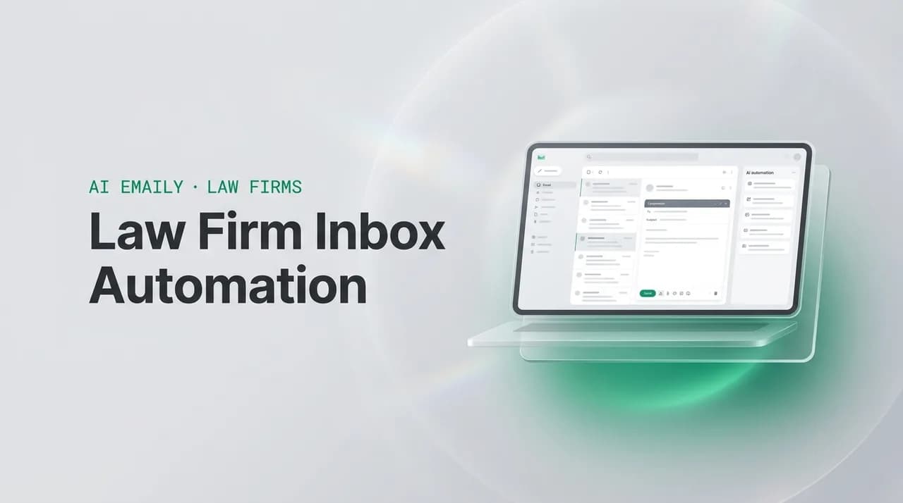 AI Emaily blog cover for law firm inbox automation, showing an AI email client on a laptop with the headline Law Firm Inbox Automation