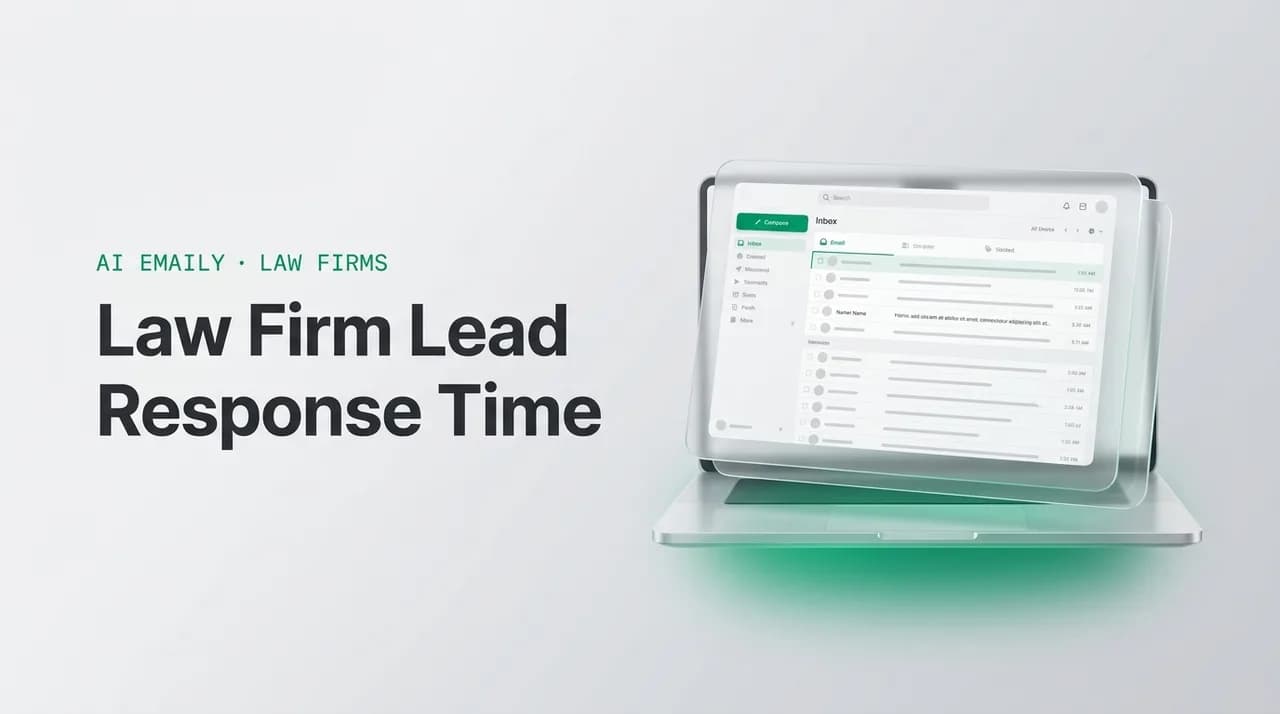 AI Emaily blog cover for law firm lead response time, showing an AI email client on a laptop with the headline Law Firm Lead Response Time