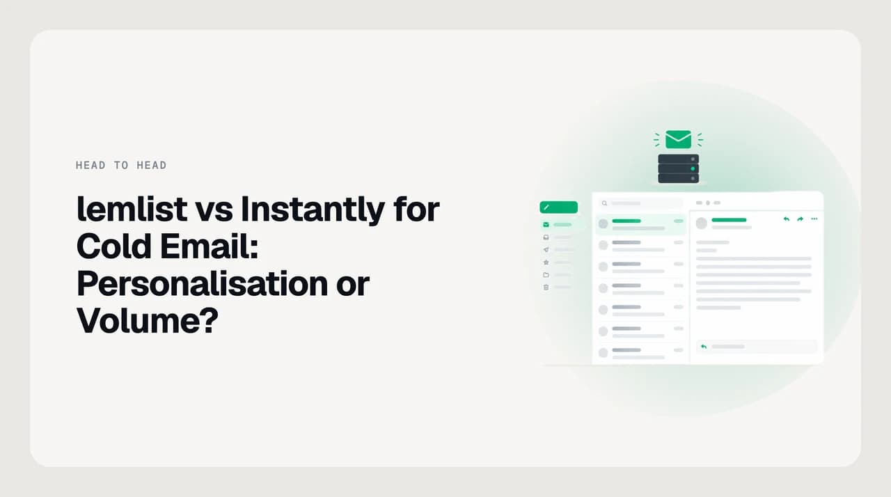 Split illustration comparing lemlist vs Instantly for cold email — one side showing personalised multichannel touchpoints, the other showing many mailboxes sending at volume