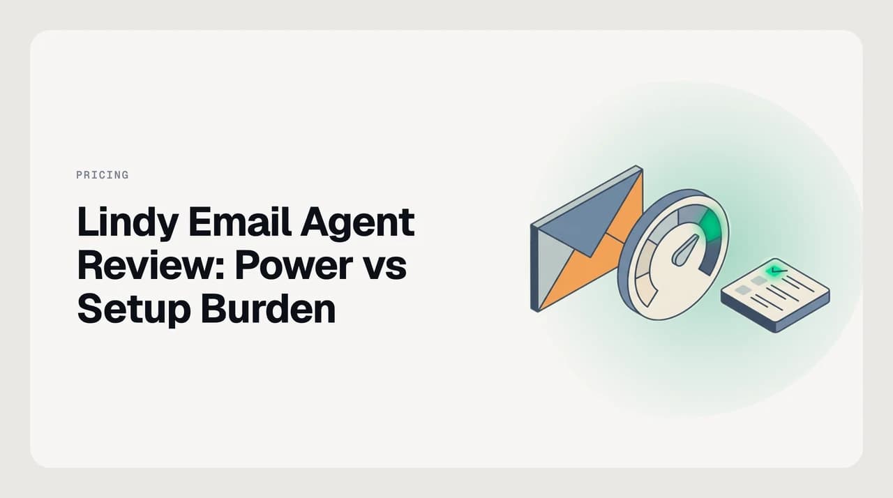 Lindy email agent review illustration: a build-your-own agent workflow of trigger, filter and action steps set beside a ready-made email assistant