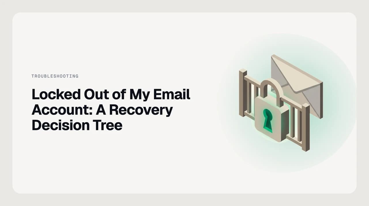 Decision tree diagram showing three recovery paths for being locked out of an email account: forgotten password, security hold, and administrator-managed lockout.