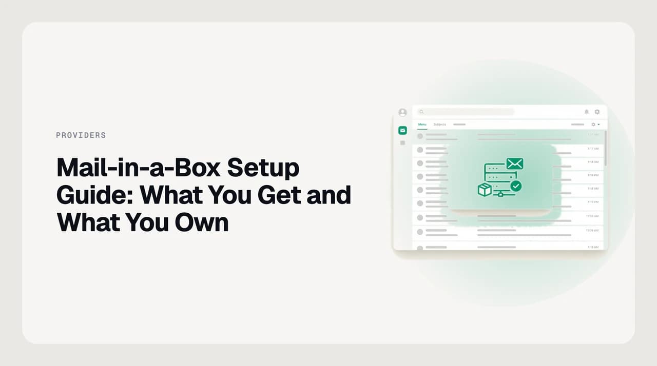 Mail-in-a-Box setup guide illustration: a single cloud server box connected to mail, DNS and backup services