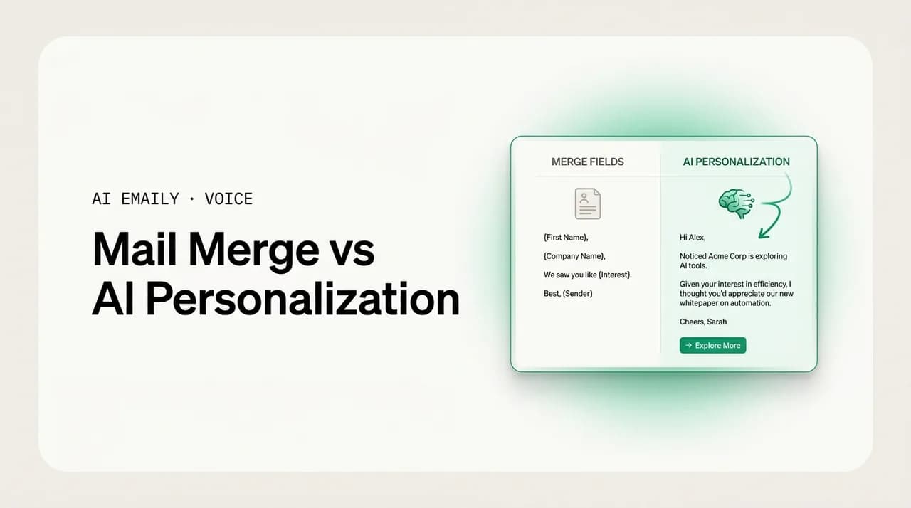 AI Emaily blog cover for mail merge vs AI personalization, showing merge fields versus AI personalization